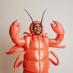 a woman is dressed in an orange lobster costume