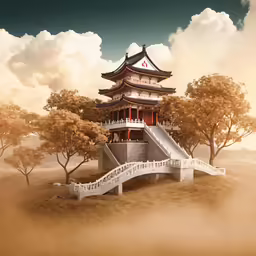 an image of the japanese pagoda with a white bridge going over it