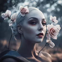 a woman wearing grey makeup holding flowers in her hair