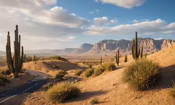 the view from atop the road to a mountain and desert with tall cactus bushes