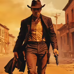 a man is walking on a city street with a gun
