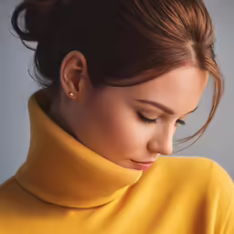 a young woman in yellow sweater looking down