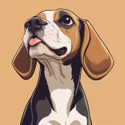 the beagle is standing up against a beige background