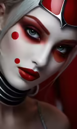 woman with creative make up looks down with her nose painted red