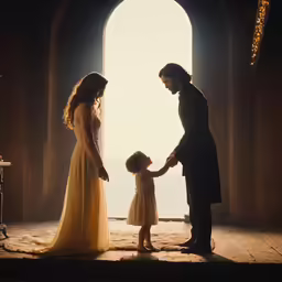 there is a man standing in front of a doorway holding his hand with the little girl