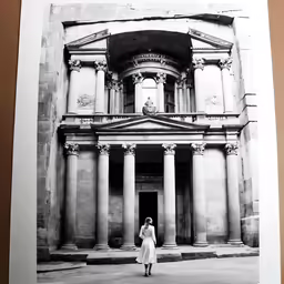 an old photo of two people in front of a building