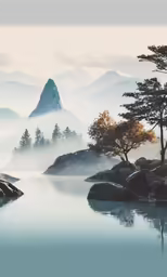 a view of a mountain lake in the fog