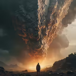 a man is watching the lava clouds in the distance