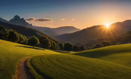 the sun is setting over the mountain side