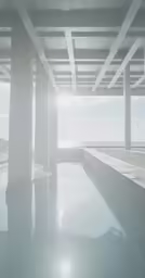 a large pool with a long canopy and the sun shining