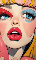 a beautiful blonde with blue eyes and red lips holding her nails up
