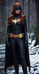 a woman in black catwoman costume with red hair