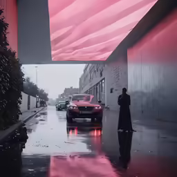 a car is driving on a city street in front of buildings with large red arches
