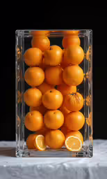 a clear acrylic box holds oranges and lemons