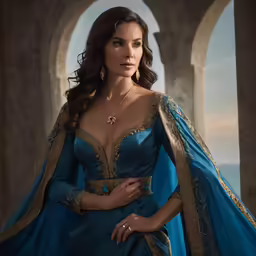 a woman in blue gown with an arch looking into the distance