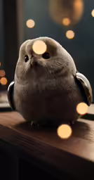 a little owl is sitting on a wooden table
