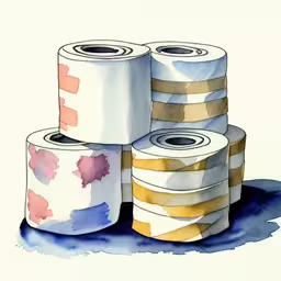 a painting of several rolls of toilet paper,a group of four rolls of toilet paper on the ground
