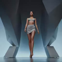the sexy model walks down the runway in a gray bikinisuit