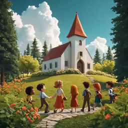 several children are walking towards a small building