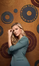 a beautiful woman standing in front of a circle wall