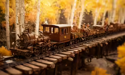 a close up of a model train on train tracks with trees