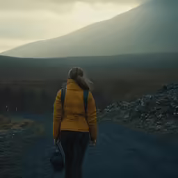 a person wearing a yellow jacket and carrying a black purse on a road