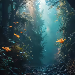 a foggy forest with bright sunlight shining through the trees