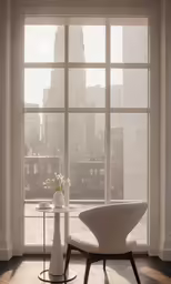 a white chair and table next to a large window in a room with city view