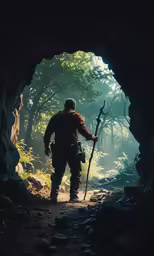 the man stands in front of an open cave with staff