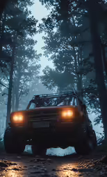 an suv that is driving through a wooded area