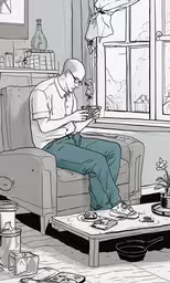 a man sitting on a couch, reading a book,a man sitting in the corner looking at a book