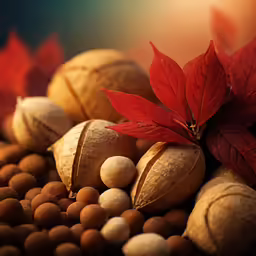 nuts with leaves placed on it are surrounded by stones and nuts