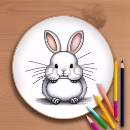 a drawing of a bunny on a plate,an easter bunny with colored pencils next to it