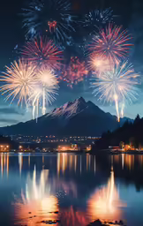 colorful fireworks are set on the mountain tops