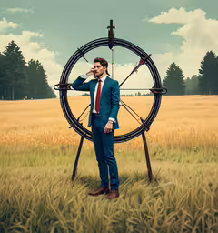 a man standing in front of an old fashioned wheel in a field,man wearing a blue suit in an open field with large wheel