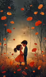 a couple kissing in a field with orange flowers