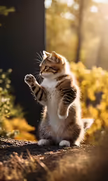 a small kitten standing on its hind legs holding up his paw