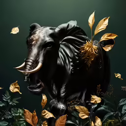 an elephant statue made out of fake leaves and flowers