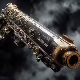 this futuristic gold and black machine gun is in the air