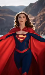 woman wearing a superman costume stands on a rocky shore