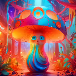 an illustration of a cartoon mushroom, surrounded by flowers and plants