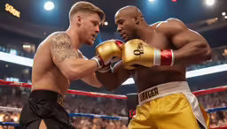 two fighters are in an arena during a boxing match