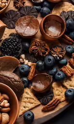 an assortment of foods such as crackers, nuts, blueberries and more