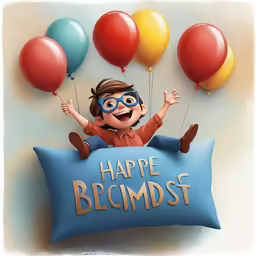 a person is sitting in the pillow with balloons flying above him