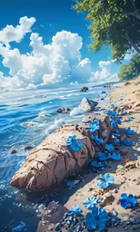 a painting of blue flowers near water