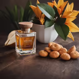 a bottle with some nuts sitting on a table near flowers