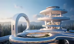 a futuristic white building sits above the tree tops