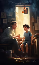 a man sitting next to a little boy