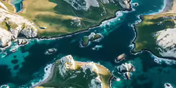 an aerial view of several green islands in the ocean