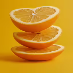 orange fruit cut into four pieces, sitting on yellow background